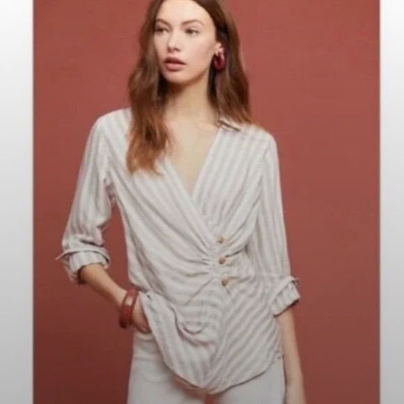 Anthropologie Maeve Mauve Ivory Surplice Wrap Draped Long Sleeve Blouse Shirt 4 - Picture 1 of 14